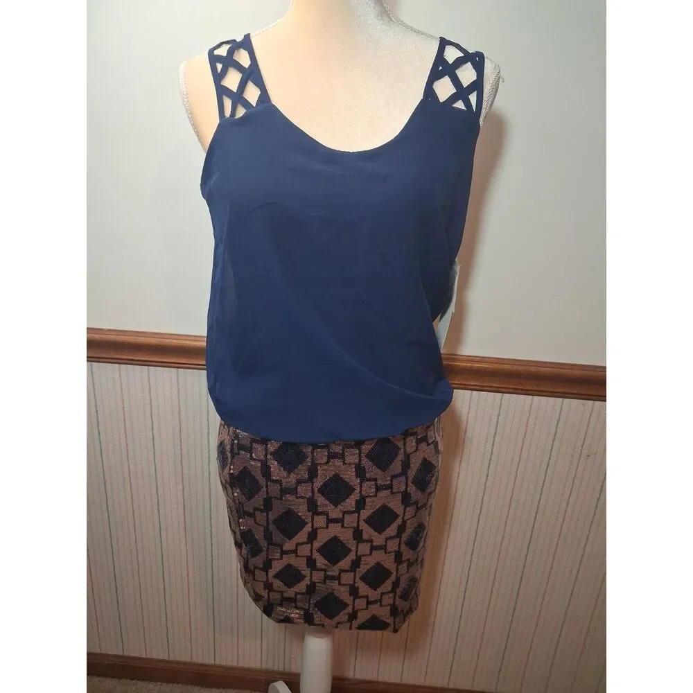 Love Reigns Rose Gold & Navy Sequin Mini Party Dress - Size Small
